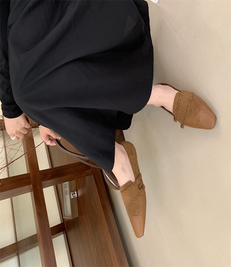 British design sense hollow carved sheepskin loafers 2025 autumn small square head inner height increase low heel leather single shoes women