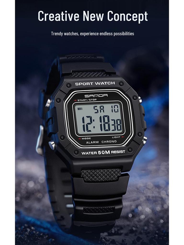 Sanda Korean-Style Waterproof Teen Electronic Watch with Alarm - Unisex Square Design for Students