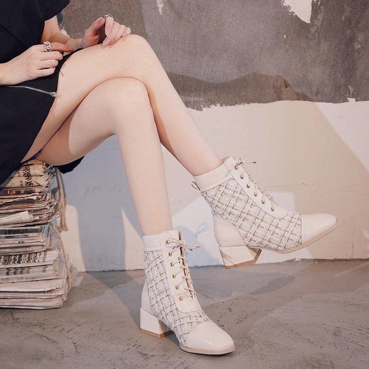Square Front Lace Up Mesh Red Thick Middle Heel Fashion Versatile Fashion Boots