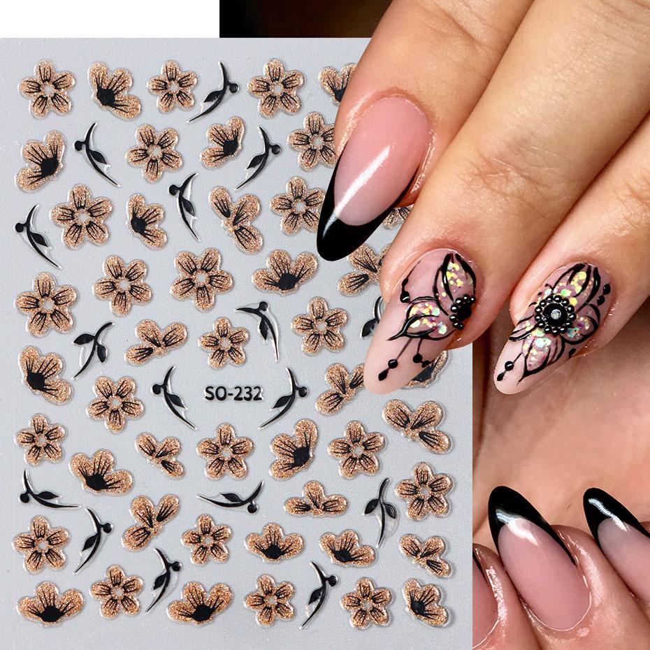 2pc 3D Black Gold Glitter Flower Nail Decal Shiny Petals Leaves Nail Art Sticker Watercolor Daisy Floral Adhesive Manicure Decor