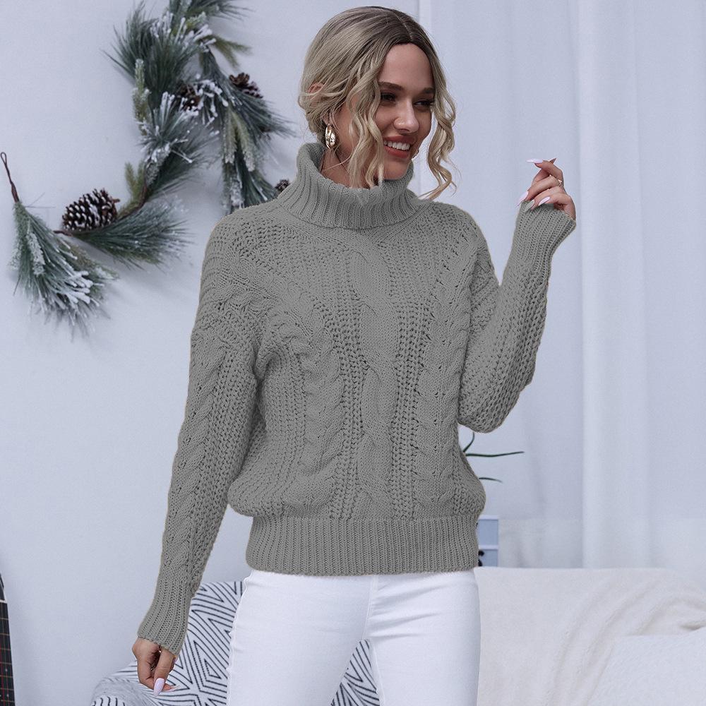 European & American Style Solid Color Cable Knit Turtleneck Sweater - Versatile Autumn/Winter Pullover