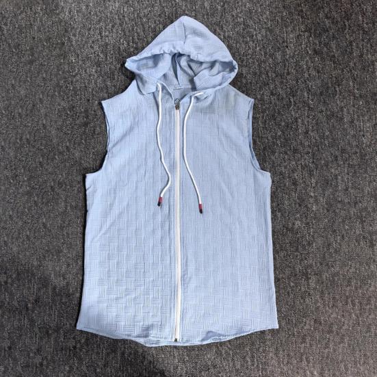 Men Hooded Zip-up T-Shirt Jacquard Sleeveless Hoodie Tee Stylish Textured Summer Tank Top for Gym Street Party Holiday