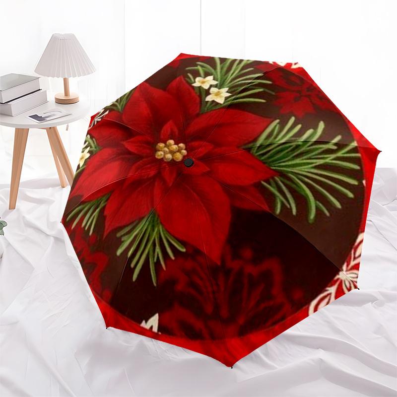 1pc Christmas, Poinsettia, Festive Umbrella with Plastic Handle,Compact & Stylish,Suitable for All Seasons YS331025