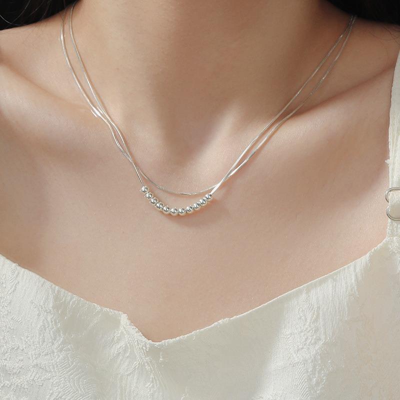 Minimalist Double Layer Snake Bone Round Bead Silver Clavicle Necklace For Women Light Luxury Niche High End Design