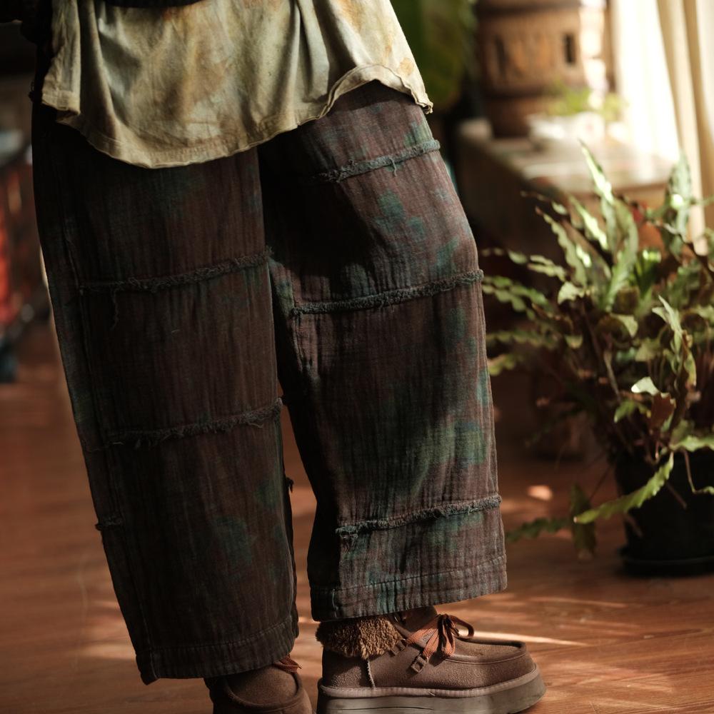 

Johnature Vintage Women Wide Leg Pants Elastic Waist Loose Patchwork Trousers Autumn Print Floral Long Pants One Size кофейный