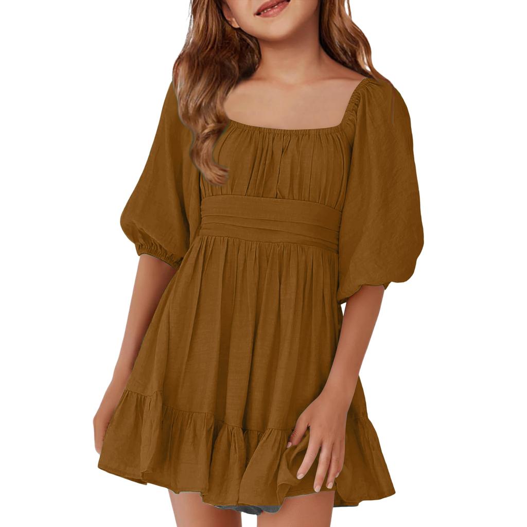 Children's Casual Bubble-Sleeve Backless Waist-Tied Bow-Pleated Dress