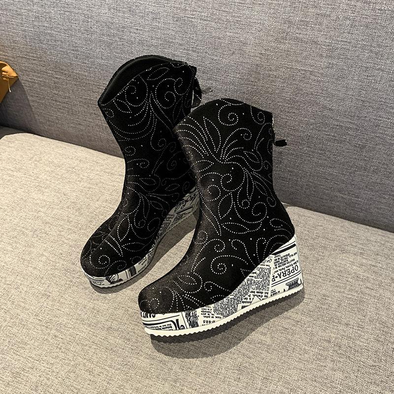 Fashion Printed Mid Calf Boots Women 2025 Autumn Platform Wedge High Heel Booties Fashion Women's Shoes Rhinestone Round Toe Short Botas