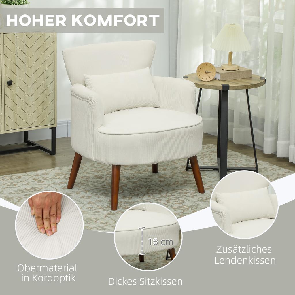 Modern Armchair, Upholstered Accent Chair with Lumbar Cushion, Rubberwood Legs, Cream White