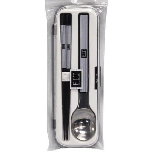 Komori Resin Cutlery Twin Fit Chopsticks and Spoon Set, Black, 18cm, Portable and Made in Japan