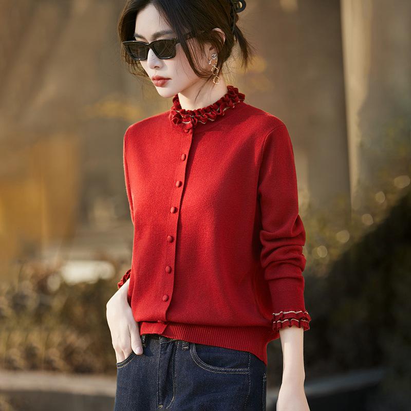 French Wool Knit Cardigan with Faux Two-Piece Design - Women's Autumn/Winter Outerwear Sweater