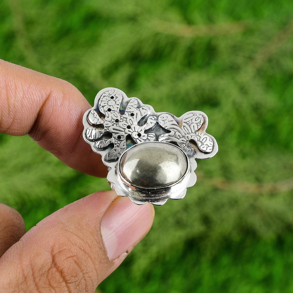 Mothers day Deal Sterling Silver Oval Pyrite Gemstone Wife Promise Birthday Ring