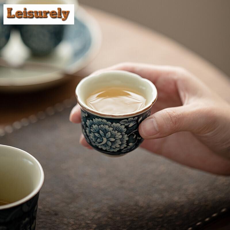 2pc/set Antique Blossoms Flower Ceramic Teacup Ru Kiln Flower Mouth Cup Small Master Cup Tasting Tea Bowl Kung Fu Teaware 40ml