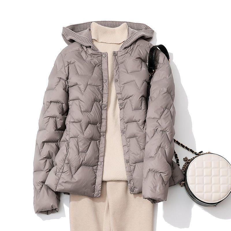 

Autumn and winter light and thin hooded down jacket women s short splicing knitted hat fashionable inner with light and slim jacket tide 3XL (72.5 kg-82.5 kg) темно-серого