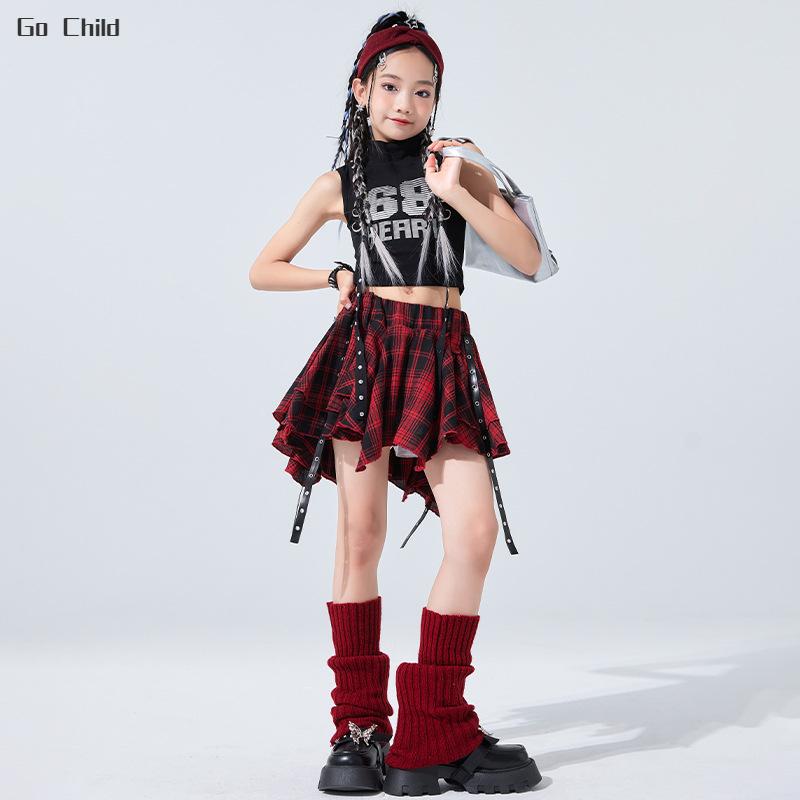 Kids Hip Hop Crop Top Plaid Street Dance Skirt Girls Ribbon Pleated Skirts Teens Jazz Cool Costumes Child Streetwear Clothes Set