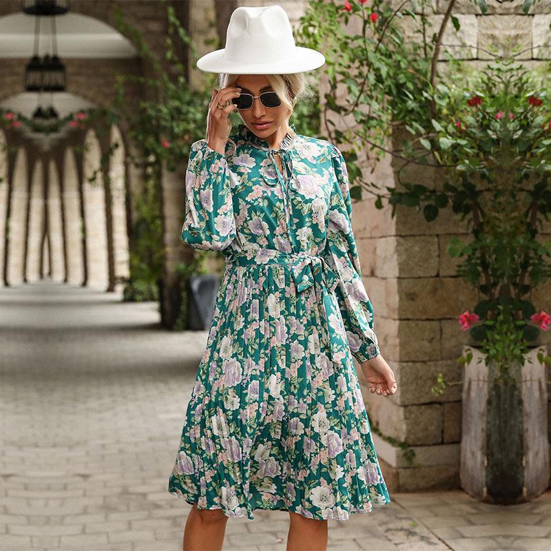 Temperament and Elegance Outer Wear Women's Pleated Round Neck Printed Long Sleeve Vintage Dresses