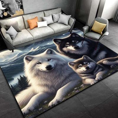 Wolf Family Rug for Nature Enthusiasts | 3D Animal Print Carpet | Wildlife Themed Living Room Decor Skid Resistant Carpet