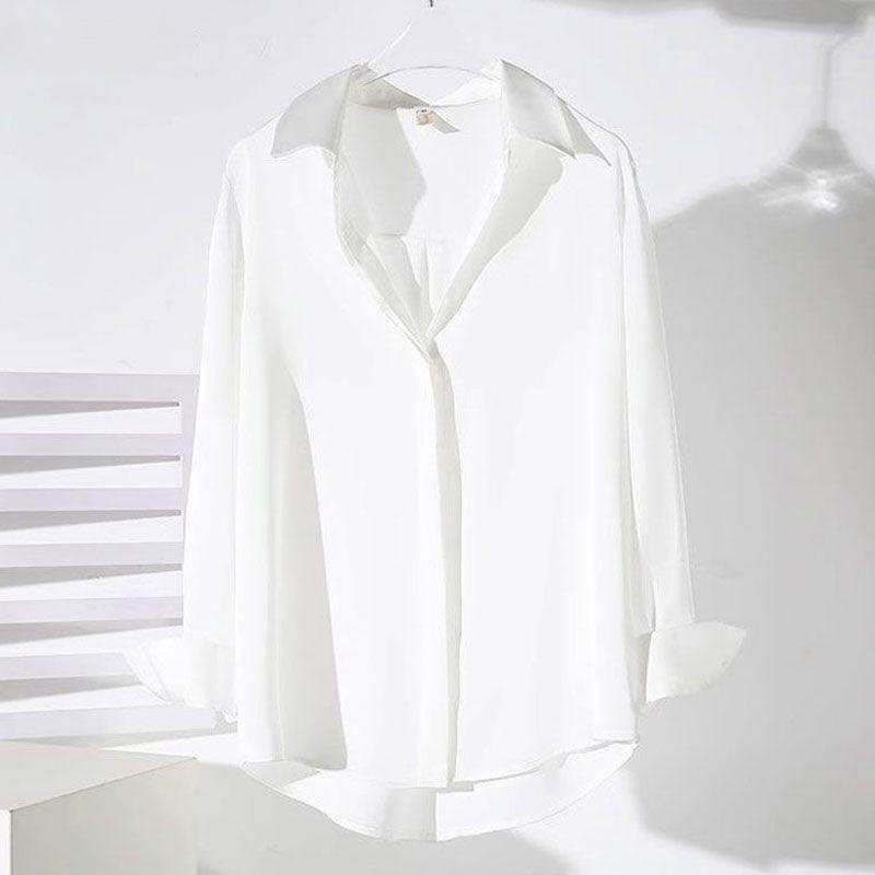 White Satin Shirt Loose Fit Spring Autumn Black Blouse Fashionable Design High Quality Comfortable Stylish Top