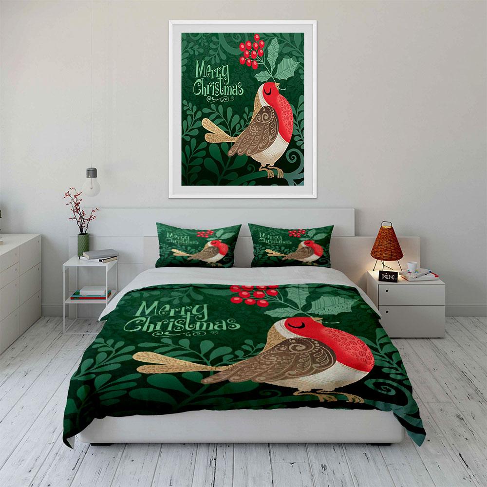 Christmas Robin Pattern Decor Bedding Duvet Cover Set Duvet Cover Pillowcases  (1*Duvet Cover 2*Pillowcases, Without Duvet Insert)