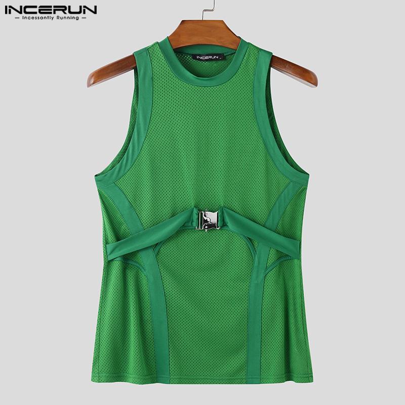 INCERUN Men Summer O Neck Sleeveless Patchwork Stretch Casual Sport Hollow Tank Tops