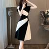Summer New Elegant Fashion Patchwork Midi Vestido Women Temperament Short Sleeve A-line Robe Ladies Casual Waist Slim Dress