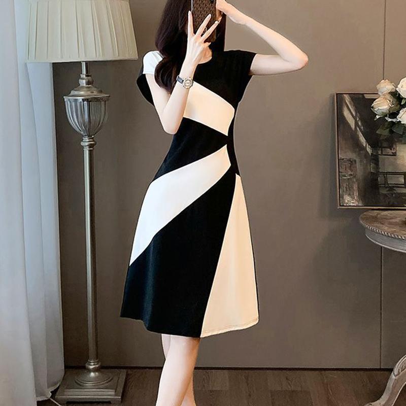 Summer New Elegant Fashion Patchwork Midi Vestido Women Temperament Short Sleeve A-line Robe Ladies Casual Waist Slim Dress