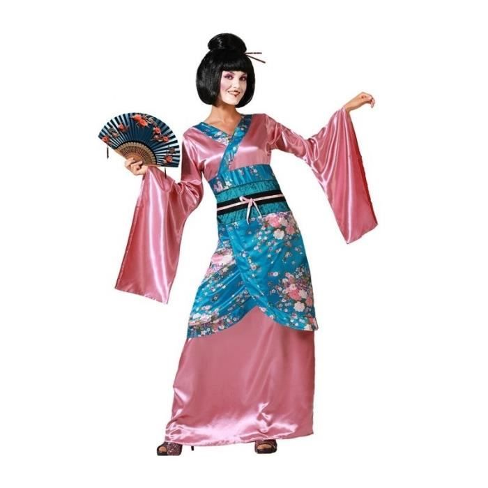 Déguisement Femme - ATOSA - Kimono Japonais - Rose Poudré - Velours Bleu Canard - Tissu Satiné