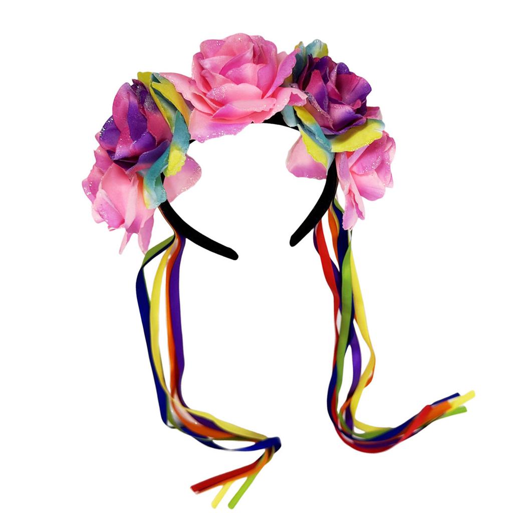 Floral Hairband Rainbow Rose Hair Hoop Halloween Decorative Tassels Role Play Costume Proms Party Live Show Headwear