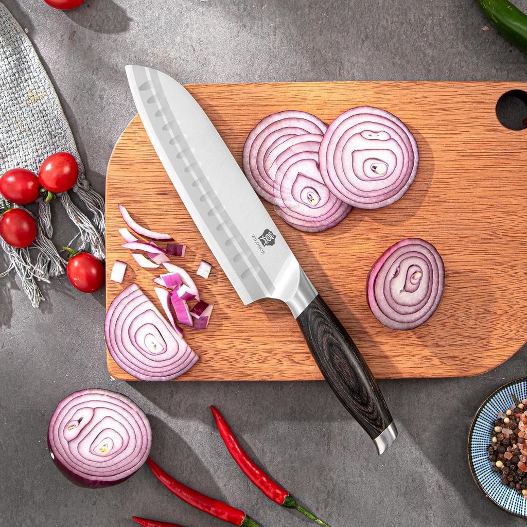 WILDMOK 7 Inch Stainless Steel Santoku Kitchen Knife with Black Pakkawood Handle 2025 Japanese Style