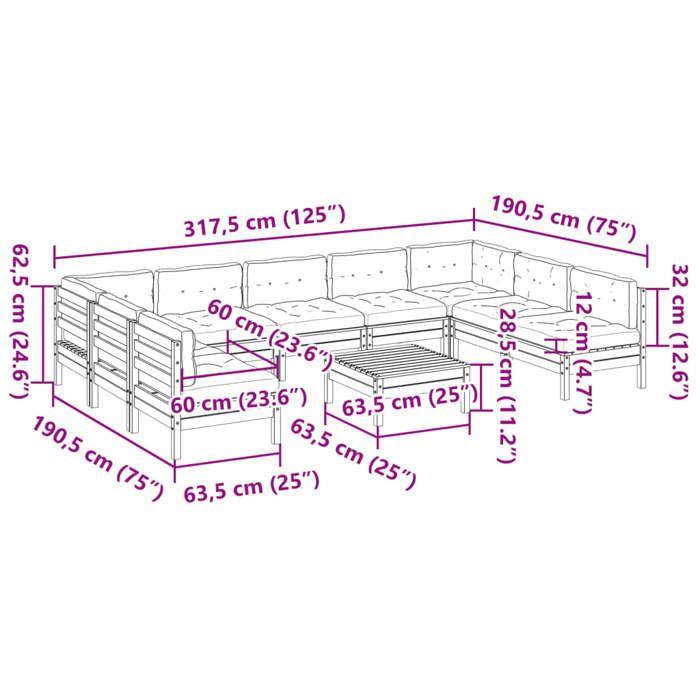 VidaXL Salon de jardin 10pcs avec coussins cire marron bois pin massif, ensemble de canapés d'extérieur, ensemble de canapés 3299600