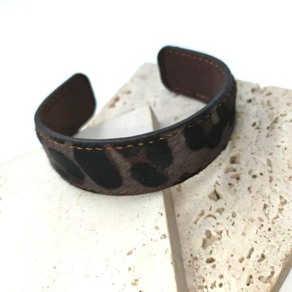 Stitched Real-leather Horsehair Bracelet Furry C-shaped Open Bracelet Leopard Print Bangle  Gift