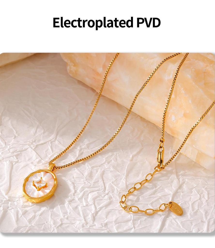 Brand French Retro Mother-of-Pearl Zircon Inlaid Copper Pendant with 18k Gold Plated Titanium Steel Chain