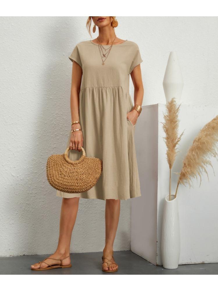 

Летняя мода Женская хлопково-льняная А-силуэтная юбка Большой размер Свободное платье Круглый вырез Темпераментный стиль 5XL хаки