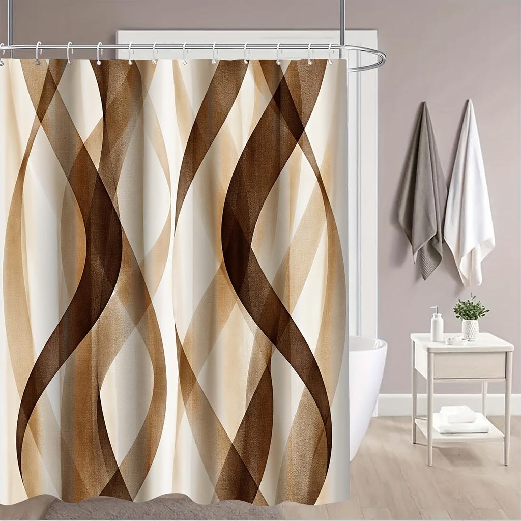 4Pcs Modern Geometric Shower Curtain Set with Non-Slip Bath Mat, Toilet Lid Cover, Contour Rug & 12 Hooks, Bathroom Decor