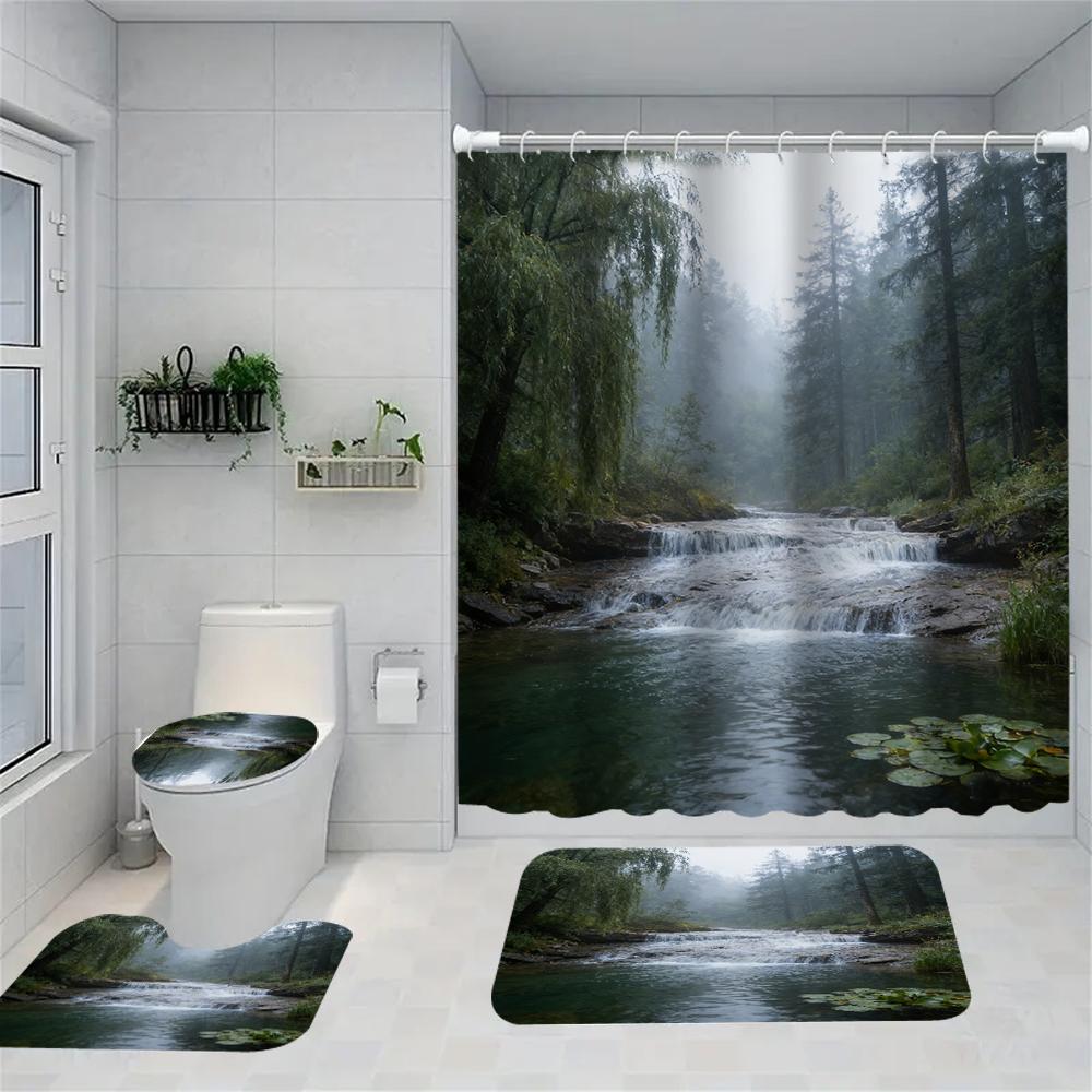 1/4 Rose Print Shower Curtains, Toilet Seat Decoration, Shower Curtain With Carpet And Toilet Lid, 70.8X70.8 Inch