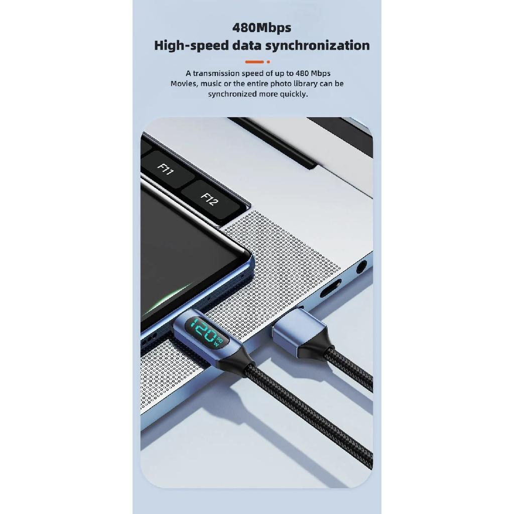 120W USB A To Type C LED Digital Display Fast Charging Data Cable Nylon Braided USB Charge Cord Type C To Type C PD 6A USB Cord