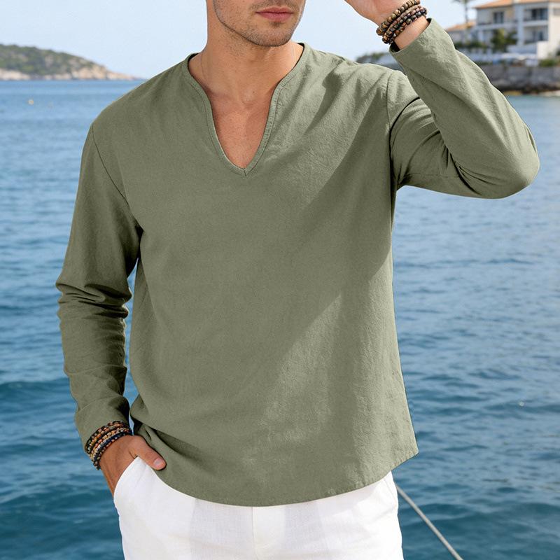 Men Casual Loose V Neck Long Sleeve Linen T Shirt Big Size