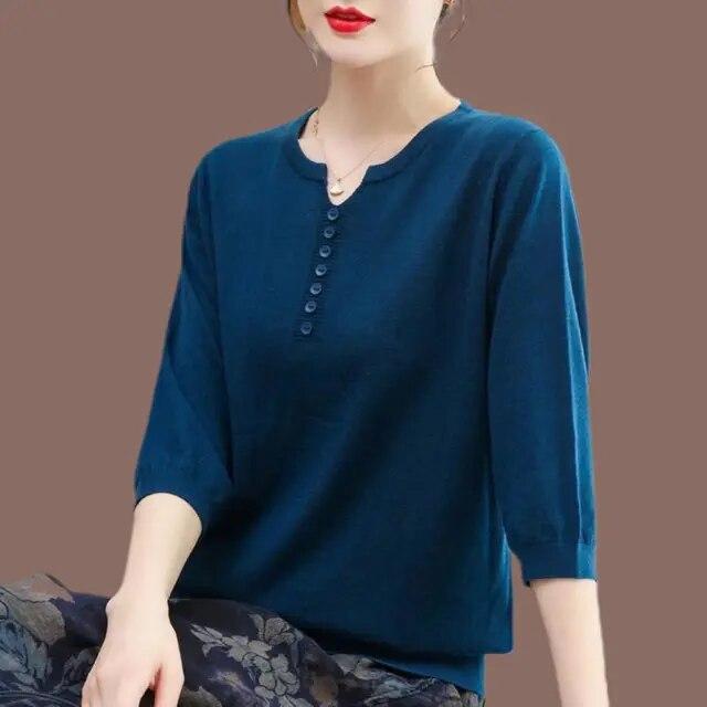 Korean Fashion Women Big Size Knit T-Shirt Female Clothing Spring Summer 3/4 Sleeve Pullover Tees Loose Casual Solid Vintage