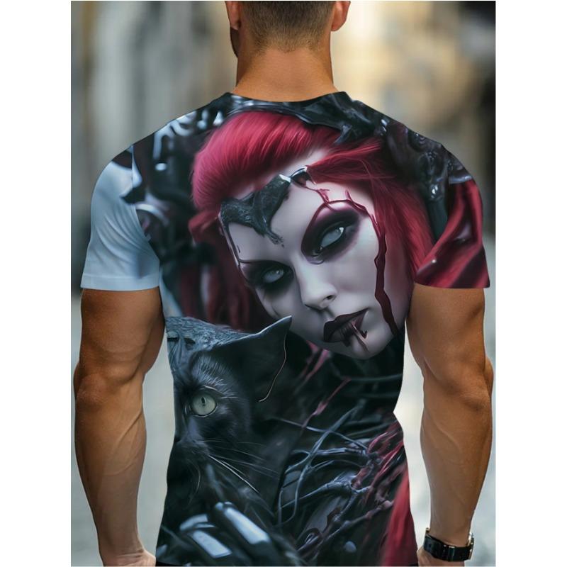 Gothic Witch Cat Men'S 3D Printed T-Shirt, Vibrant Round Neck And Short Sleeves, Summer Outing,