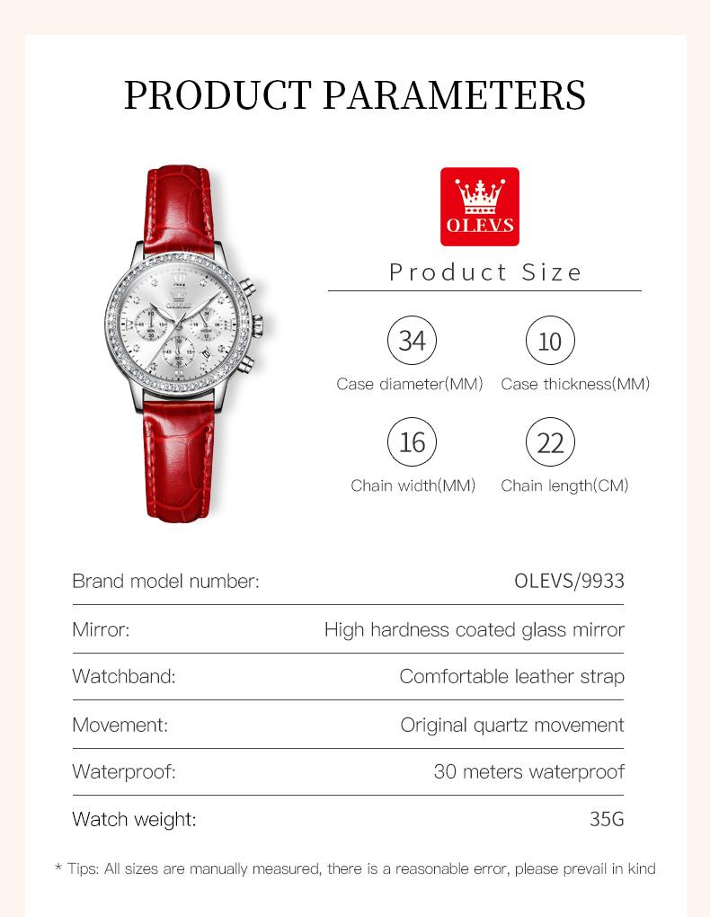 OLEVS 9933 Quarz-Armbanduhr für Damen Datum Wasserdicht Leuchtzeiger Lederarmband Chronograph Original Damen-Armbanduhr