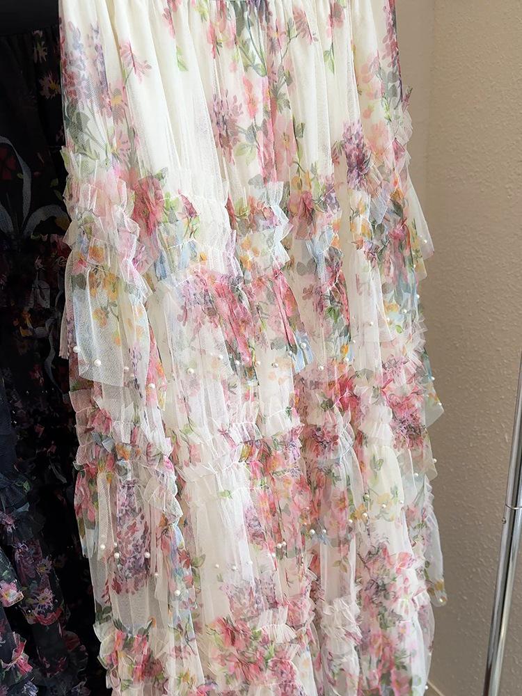 Tüllrock mit Perlen und Blumendruck und unregelmäßigem Saum - Damen Netz-Puffrock