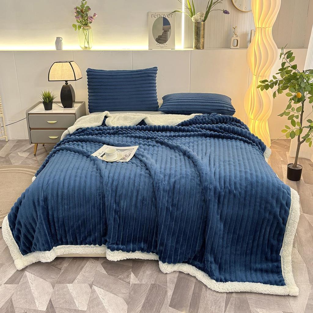 Lambswool & Faux Rabbit Fur Striped Blanket - Sofa Nap & AC Cover