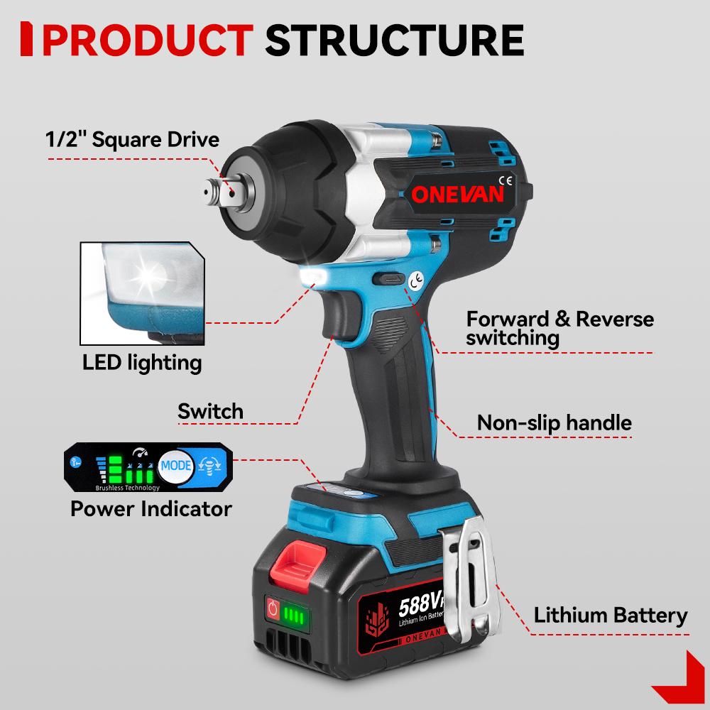 ONEVAN Torque Brushless Electric Impact Wrench 1/2 inch Screwdriver Cordless Wrench Power Tools For Makita 18V Battery