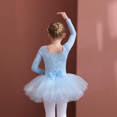 Children's Dance Clothes, Pure Cotton Spring Long-sleeved Girls' Practice Clothes, Blue Children's Ballet Sequined Gauze Skirt
