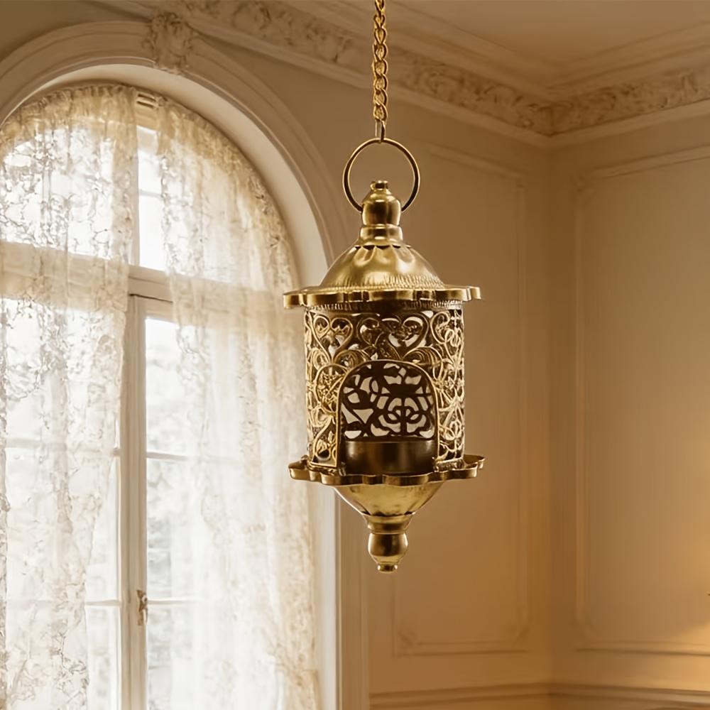 1Vintage Hollow Carved Metal Hanging Candle Holder – Moroccan-style iron art light and shadow projection design creates a cozy atmosphere –