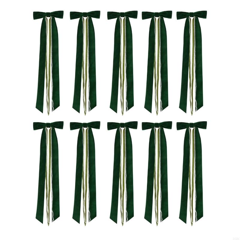 

10Pcs Pearls Tassels Velvety Bowknot Christmas Tree Ornament For Wreath Wedding темно-зелений колір