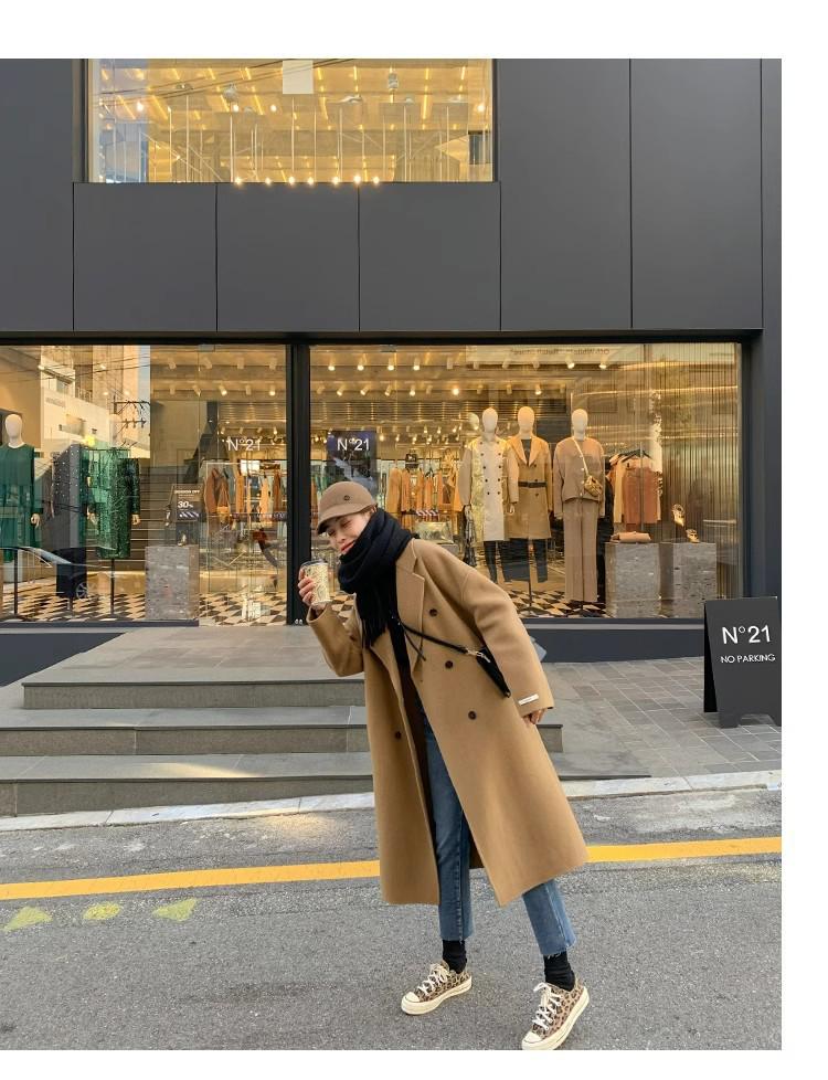 Women's Mid-Length Double-Breasted Wool Camel Coat - Autumn/Winter Korean Style Trend