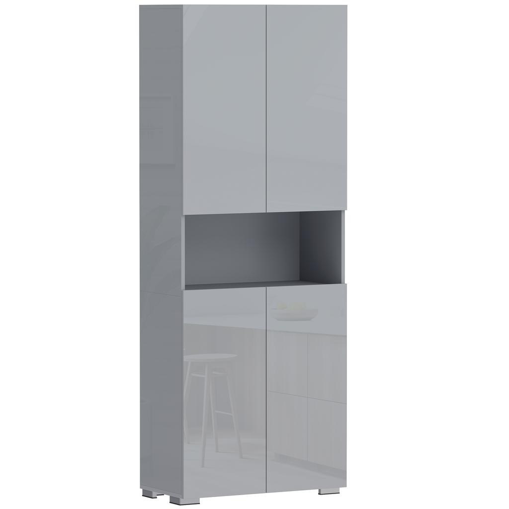 Armadio da Cucina Alto 180 cm, Dispensa con Ante a Chiusura Morbida e Ripiani Regolabili, Grigio Lucido