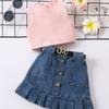 Girls' Fashion Set, Summer Children's Casual Solid-color Sleeveless Top, Denim Pleated Skirt Set, Belt