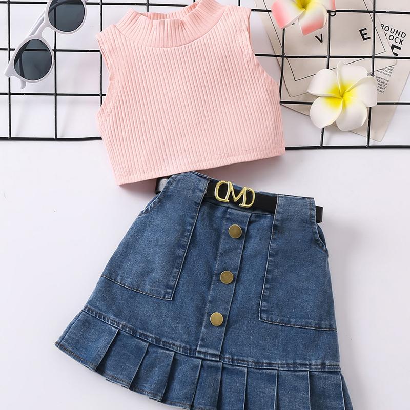 Girls' Fashion Set, Summer Children's Casual Solid-color Sleeveless Top, Denim Pleated Skirt Set, Belt