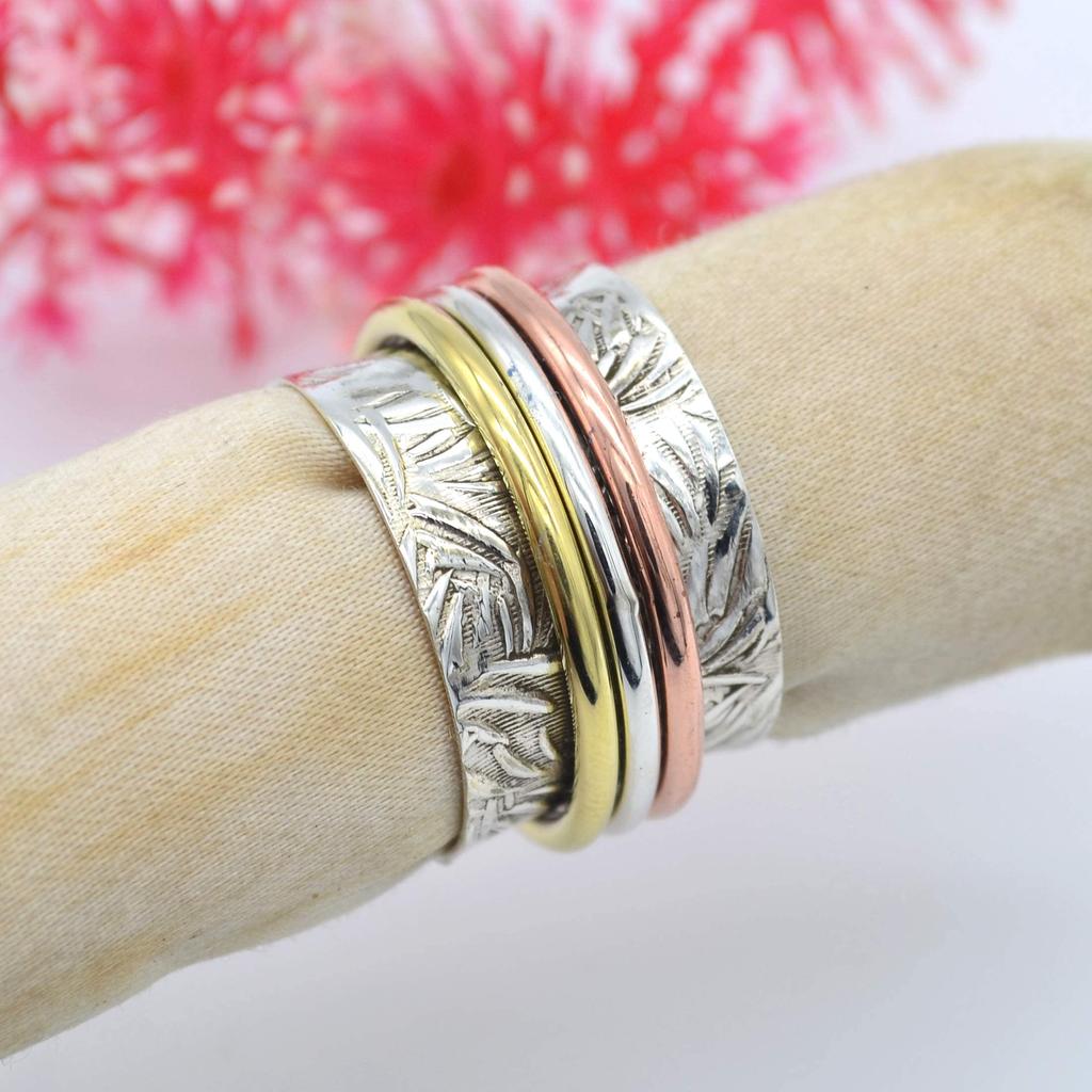 Bague tournante, bague tournante tricolore en argent sterling 925, bague de pouce, bague en argent